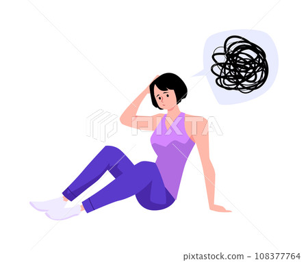 Woman with ADHD symptoms attention deficit, messy thoughts, confusion dizziness, psychological disorder vector character 108377764