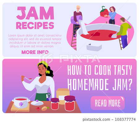 Homemade jam recipes and cooking tips banners set, flat vector illustration. Homemade jam recipes and cooking tips banners set, flat vector illustration. 108377774