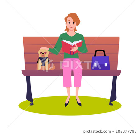 Woman sitting on bench with her dog and reading book. 108377795