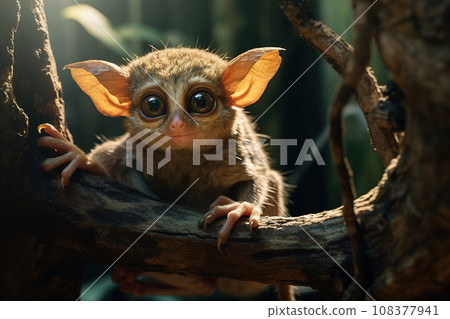 Image of tarsier monkey tarsius syrichta on the tree in natural jungle. Wildlife Animals. Image of tarsier monkey tarsius syrichta on the tree in natural jungle. Wildlife Animals. 108377941
