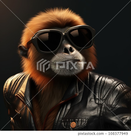 Image of stylish cool gibbon wearing sunglasses as fashion and wore a leather jacket. Modern fashion, Wildlife Animals. Image of stylish cool gibbon wearing sunglasses as fashion and wore a leather jacket. Modern fashion, Wildlife Animals. 108377949