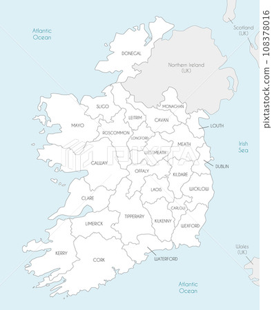 Vector map of Ireland with counties and administrative divisions, and neighbouring countries. Editable and clearly labeled layers. Vector map of Ireland with counties and administrative divisions, and neighbouring countries. Editable and clearly labeled layers. 108378016