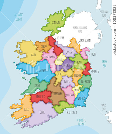 Vector illustrated map of Ireland with counties and administrative divisions, and neighbouring countries. Editable and clearly labeled layers. Vector illustrated map of Ireland with counties and administrative divisions, and neighbouring countries. Editable and clearly labeled layers. 108378022