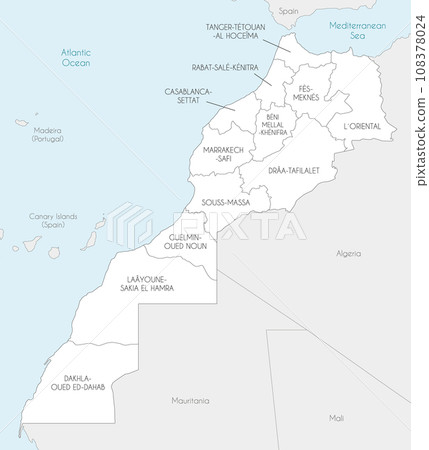 Vector map of Morocco with regions and administrative divisions, and neighbouring countries. Editable and clearly labeled layers. 108378024
