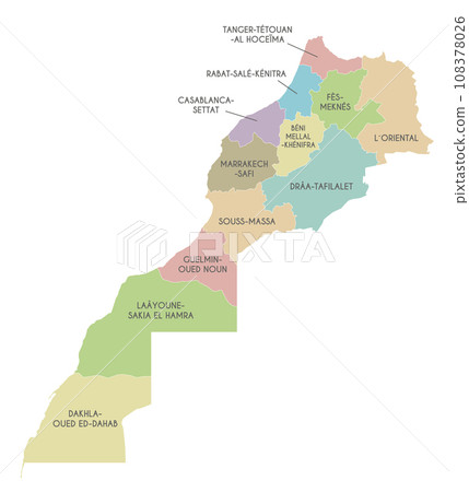 Vector map of Morocco with regions and administrative divisions. Editable and clearly labeled layers. 108378026