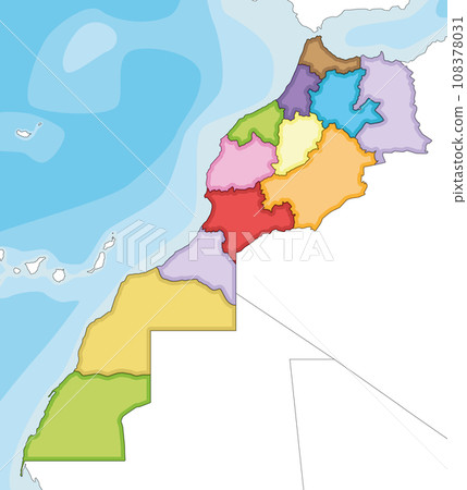 Vector illustrated blank map of Morocco with regions and administrative divisions, and neighbouring countries. Editable and clearly labeled layers. Vector illustrated blank map of Morocco with regions and administrative divisions, and neighbouring countries. Editable and clearly labeled layers. 108378031