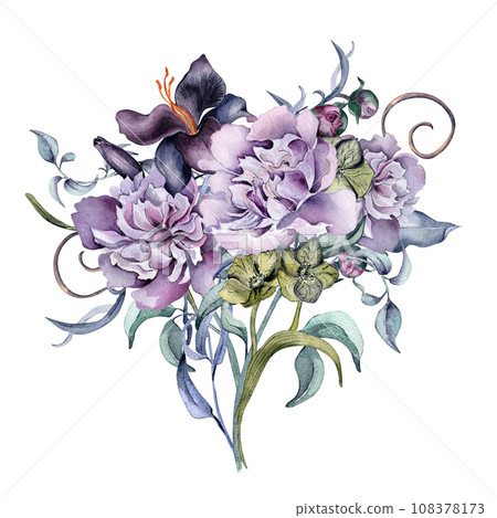 Watercolor purple pink bunch of peony flowers isolated on white. Gothic floral botanical bud Illustration hand drawn. Gothic Dark Wedding Decoration in vintage style. Element for invitation, backdrop 108378173