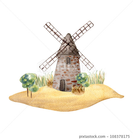 Windmill vintage watercolor illustration isolated on white background. Rural making bread mill hand drawn. Painted milling plant. Landscape for design package bread, flour, grocery store, bakery 108378175
