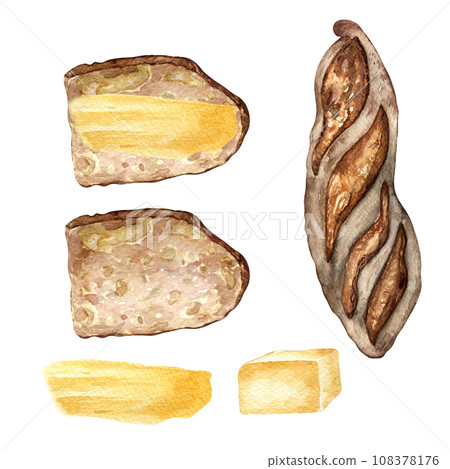 Rye baguette whole and slice watercolor illustration isolated on white background. Hand drawn slice of bread and butter set for bakery. Painted bread spread butter . Elements for poster, grocery 108378176