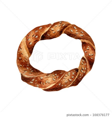Fresh whole Turkish simit with sesame watercolor illustration isolated on white background. Hand drawn pastry food for bakery. Painted bagel. Element for design signage, cookbook, wrapping, packaging Fresh whole Turkish simit with sesame watercolor illustration isolated on white background. Hand drawn pastry food for bakery. Painted bagel. Element for design signage, cookbook, wrapping, packaging 108378177