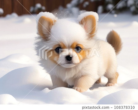 Little cute puppy in the snow. Chihuahua on a winter background. Generative AI 108378310