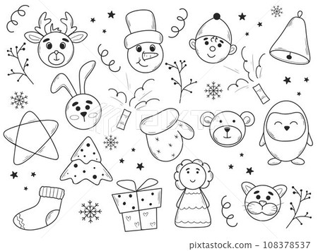 Set Christmas design elements in doodle style 108378537