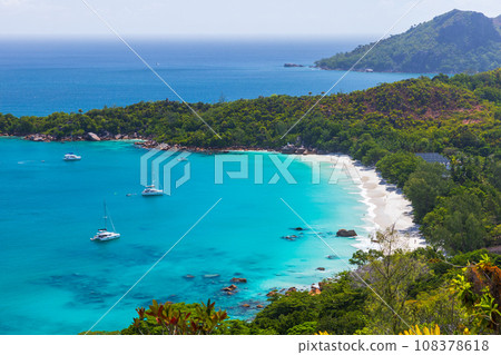 Aerial photo of Anse Lazio beach on a sunny day. Seychelles Aerial photo of Anse Lazio beach on a sunny day. Seychelles 108378618