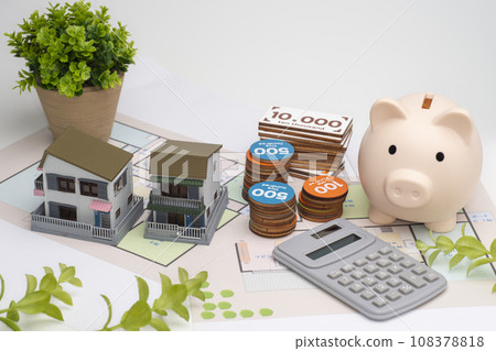 My home, floor plan, piggy bank, and calculator My home, floor plan, piggy bank, and calculator 108378818