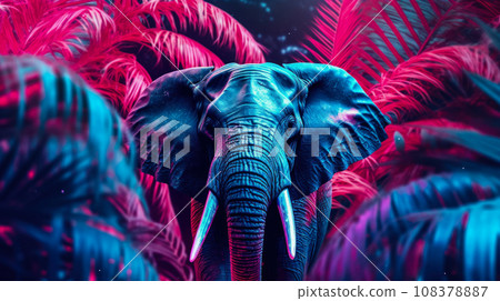 Elephant portrait in the jungle, futuristic neon design, wallpaper idea for interior. 108378887
