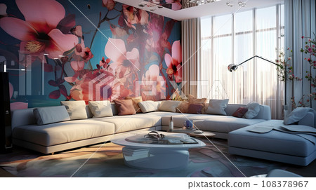 Design idea for a cozy living room in floral interior design. Idea for interior design Design idea for a cozy living room in floral interior design. Idea for interior design 108378967