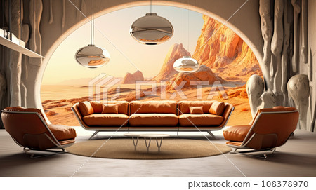 Guest room interior, futuristic house design on another planet. Idea for interior design Guest room interior, futuristic house design on another planet. Idea for interior design 108378970