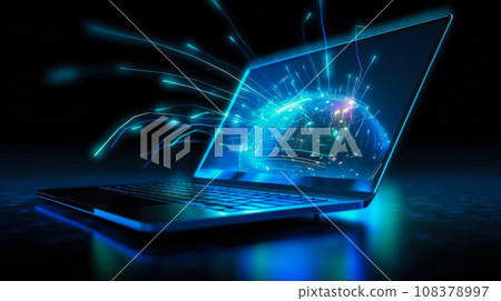 Laptop with idea of delivering goods purchased on Cyber Monday, visualization of online trading Laptop with idea of delivering goods purchased on Cyber Monday, visualization of online trading 108378997