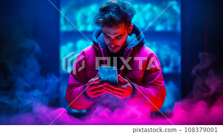 Shopping ideas using smartphone on Cyber Monday, man shopping online, background idea 108379001