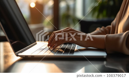 Hands of a girl working on a laptop ordering goods online on Cyber Monday, idea for wallpaper 108379017