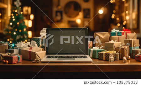 Application on laptop screen for online shopping for Christmas gifts on Cyber Monday, web banner 108379018
