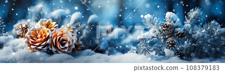 Web Banner with Christmas tree branches decoration for Christmas holidays or New Year Web Banner with Christmas tree branches decoration for Christmas holidays or New Year 108379183