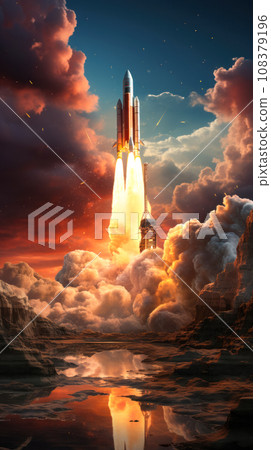 rocket taking off into space, vertical poster with a spaceship taking off, dream of flying to Mars 108379196