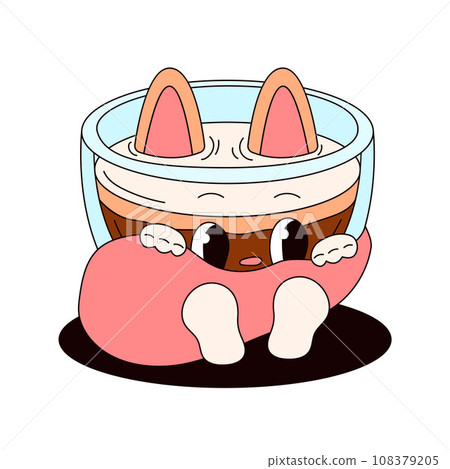 Groovy drink character with cats ears and tail. Cartoon retro style. Cup of coffee. Vector illustration isolated on a white background. 108379205