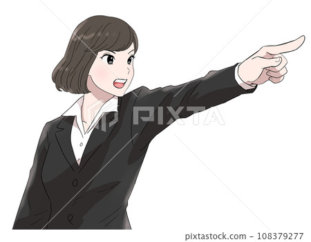 A woman in a suit pointing diagonally upwards A woman in a suit pointing diagonally upwards 108379277