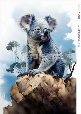 Watercolor drawing of a koala sitting on a rock ledge, screensaver idea, vertical frame 108379290