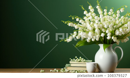 Web banner with a bouquet of lilies of the valley in a green background vase and free space Web banner with a bouquet of lilies of the valley in a green background vase and free space 108379327