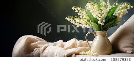 Web banner with a bouquet of lilies of the valley in vase on the table, natural light and free space Web banner with a bouquet of lilies of the valley in vase on the table, natural light and free space 108379328