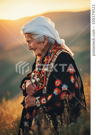 An elderly woman in Bulgarian traditional folklore clothing walking among the mountains and fields 108379522