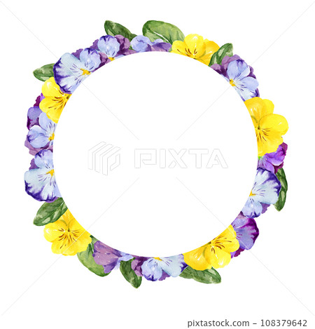 watercolor wreath with hand drawn pansy flowers and leaves, round frame of violet and yellow spring flowers, summer illustration, isolated on white background 108379642
