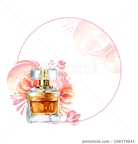 watercolor round frame with golden vintage perfume glass bottle, hand drawn illustration of transparent perfume flacon with watercolor flowers, pink and golden colors 108379643