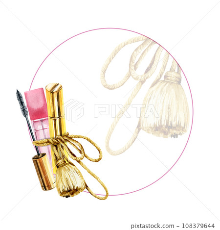 watercolor round frame with beauty objects tied with a golden cord, cosmetic set, golden mascara, pink perfume bottle, black mascara brush, pink and gold colors watercolor round frame with beauty objects tied with a golden cord, cosmetic set, golden mascara, pink perfume bottle, black mascara brush, pink and gold colors 108379644