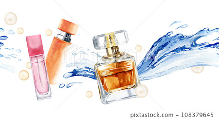 seamless border with different watercolor perfume glass bottles with water spray and stream, hand drawn illustration of transparent perfume flacon on blue water background 108379645