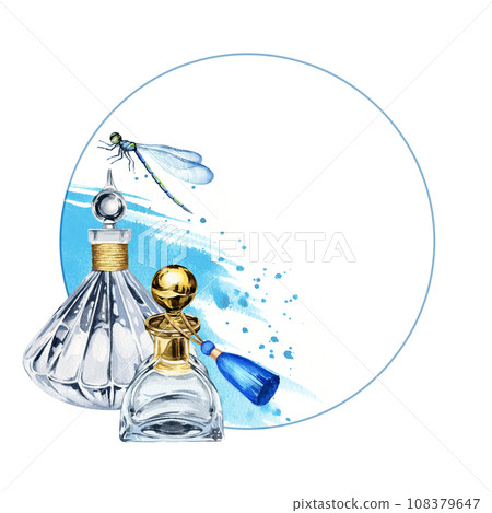 watercolor round frame with two vintage perfume glass bottle, background of water and spray, flying dragonflies, hand drawn illustration of transparent perfume flacon isolated on white background watercolor round frame with two vintage perfume glass bottle, background of water and spray, flying dragonflies, hand drawn illustration of transparent perfume flacon isolated on white background 108379647