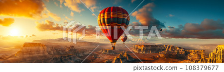 Colorful hot air balloon flying over the canyon at sunset, idea for banner and advertising 108379677