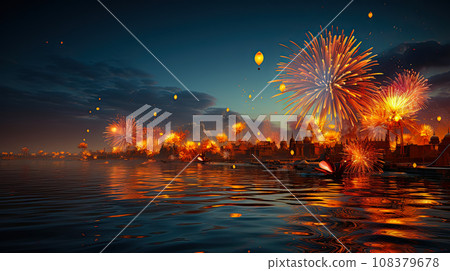 Fireworks and festive lights over river for Diwali, traditional festival of lights, Hindu holiday 108379678