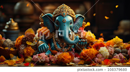 Web banner with decorative sculpture of Lord Ganesha with flowers for Diwali holiday 108379680