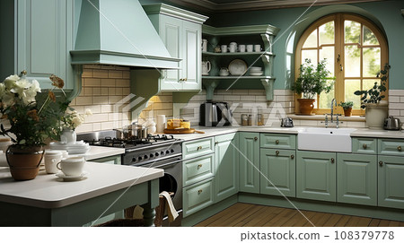 Kitchen design in style of 60s in soft green shades high-quality photography for apartment project Kitchen design in style of 60s in soft green shades high-quality photography for apartment project 108379778