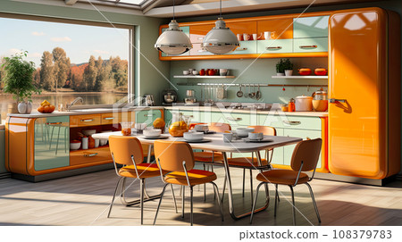Kitchen interior design in 60s style, high quality digital for banner or design project Kitchen interior design in 60s style, high quality digital for banner or design project 108379783