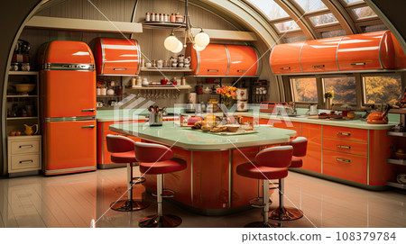 Kitchen interior project in orange colors in style of 60s, high quality digital for design project Kitchen interior project in orange colors in style of 60s, high quality digital for design project 108379784