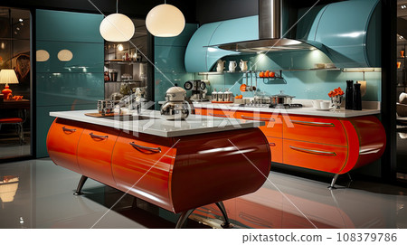 Interior in blue and orange colors kitchen in 60s style, high quality digital for design project Interior in blue and orange colors kitchen in 60s style, high quality digital for design project 108379786