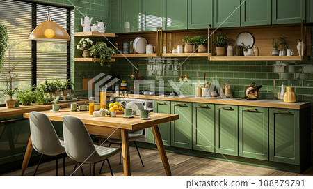 Kitchen project in style of 60s in retro design in interior of country house in soft green tones Kitchen project in style of 60s in retro design in interior of country house in soft green tones 108379791
