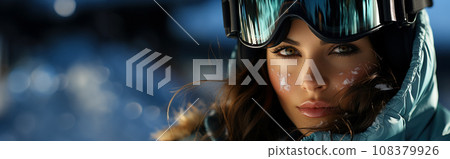 Idea for a web baner or advertising of alpine skiing, close-up portrait of a skier, looking at the camera Idea for a web baner or advertising of alpine skiing, close-up portrait of a skier, looking at the camera 108379926