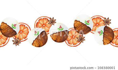 Watercolor seamless border with Christmas illustration with fresh mandarin, orange, crispy gingerbread cookies and anise. New year hand painting orange isolated on white background. For designers, 108380001