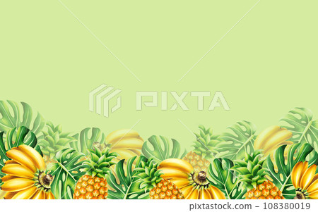 Watercolor tropical frame with a bunch of bananas, pineapples and monstera leaves. Ripe fruits banner isolated on white background For designers, spa decoration, postcards, wedding, greetings, 108380019