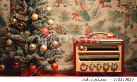 Merry Christmas and Happy New Year greeting card idea in 60s style with copy space for text 108380020